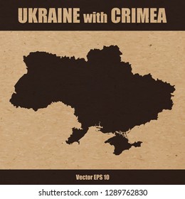Vector illustration of detailed map of Ukraine with Crimea on craft paper or cardboard background