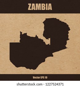 Vector illustration of detailed map of Zambia on craft paper or cardboard background