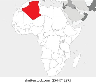 Vector illustration of the detailed national location map of ALGERIA within the great continent of Africa