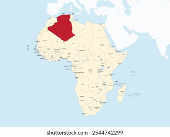 Vector illustration of the detailed national location map of ALGERIA within the great continent of Africa