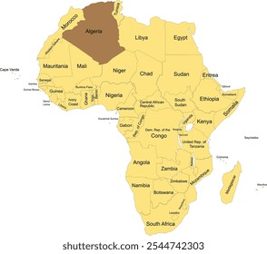 Vector illustration of the detailed national location map of ALGERIA within the great continent of Africa