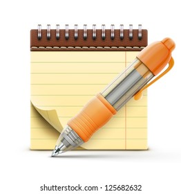 Vector illustration of detailed orange ballpoint pen with coil bound notebook