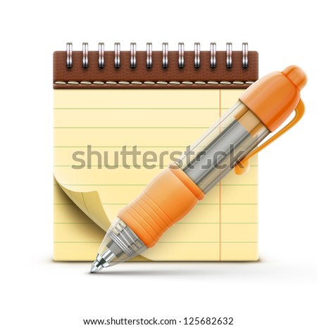 Vector illustration of detailed orange ballpoint pen with coil bound notebook