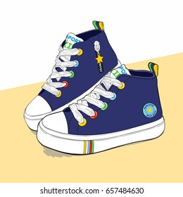 Vector illustration of detailed painted hand drawn children's sports shoes standing on a yellow table. Low canvas sneakers with rainbow findings and stripes. Useful element for your design