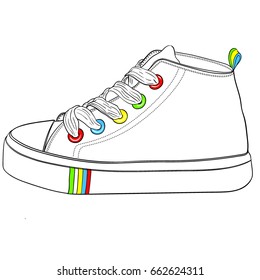 Vector illustration of detailed painted hand drawn children's sports shoes. Low canvas sneakers with rainbow findings and stripes.