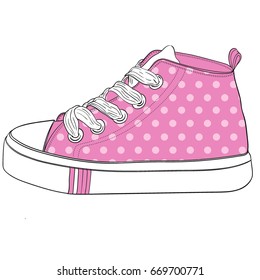 Vector illustration of detailed painted hand drawn children's sports shoe isolated on a white background. Low canvas polka dot sneakers with findings. Profile view. Useful element for your design