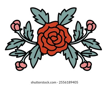 A vector illustration of a detailed red rose surrounded by green leaves and small pink buds, isolated on a white background. Ideal for wedding or romantic designs.