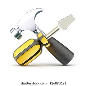 Vector illustration of detailed screwdriver and hammer icon isolated on white background