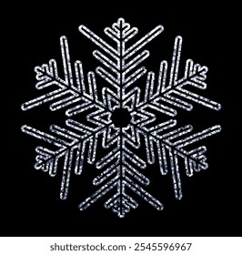 Ilustración vectorial de un copo de nieve plateado brillante detallado sobre un fondo negro, ideal para diseños de invierno y vacaciones.