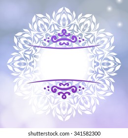 Vector illustration of detailed snowflake on shiny background with falling snow Winter frosty graphic for Christmas or New Year card. Round ornamental mandala with frame and floral motif in cool color