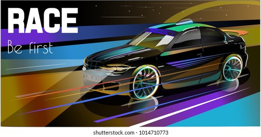 Vector illustration. Detailed sports car. Poster advertising for cars, motor racing.