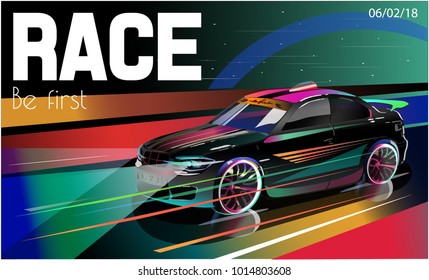 Vector illustration. Detailed sports car. Poster advertising for cars, motor racing.