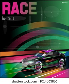 Vector illustration. Detailed sports car. Poster advertising for cars, motor racing.