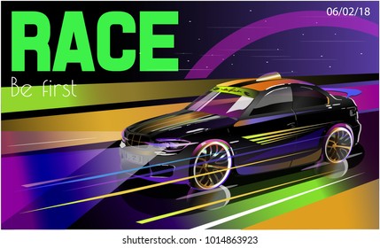 Vector illustration. Detailed sports car. Poster advertising for cars, motor racing.