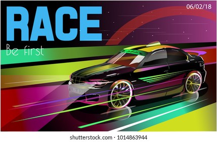 Vector illustration. Detailed sports car. Poster advertising for cars, motor racing.