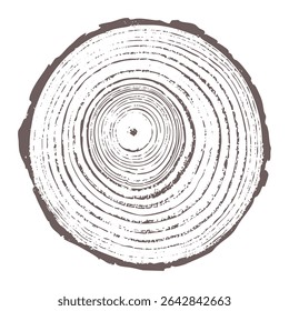 Vector illustration of detailed tree cross section with visible annual growth rings, natural wood texture, rustic style, organic pattern for eco design and educational purposes