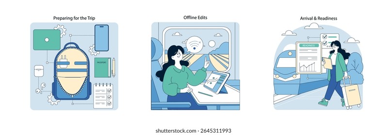 Ilustração vetorial detalhando os principais estágios de um fluxo de trabalho de viagem, incluindo preparação para uma viagem, conclusão de edições off-line durante a viagem e obtenção de prontidão na chegada, com visuais organizados.