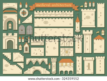 Vector illustration: details of the middle ages european royal castle - design your own castle for your pattern or web-site isolated on dark green background
