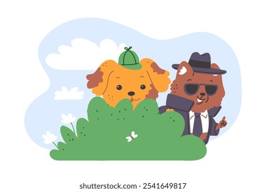 Vector Illustration of detective animals watching from behind the bushes. Characters dog and cat, in coat and hat against the background of the sky with clouds, conduct an investigation. Flat style.