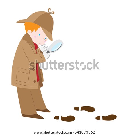 Vector illustration of detective boy wearing sherlock hat with magnifying glass following footprints and clues isolated white background.