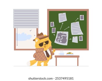 Ilustração vetorial de um gato detetive contra o pano de fundo de um estudo com uma janela, uma mesa e um tabuleiro. Um personagem amarelo em um casaco e óculos escuros resolve um crime. Estilo de desenho animado plano.