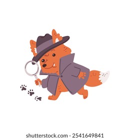 Ilustración vectorial de un zorro detective, con abrigo, sombrero y lupa en las manos, siguiendo Pistas. Personaje lindo en un fondo aislado. Estilo plano de dibujos animados.