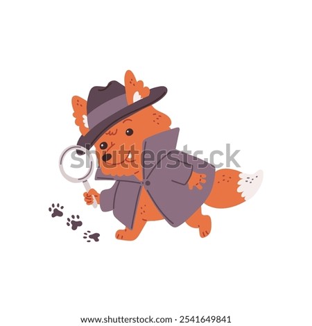 Vector illustration of a detective fox, in a coat, hat and with a magnifying glass in his hands, following tracks. Cute character on an isolated background. Cartoon flat style.