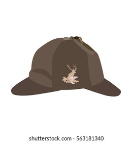 Vector illustration of detective hat isolated on white background. Brown deerstalker with decoration - deer silhouette, oak leaves and acorns in flat style.