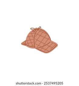 Vector illustration of detective hat on isolated background. Traditional headdress with checkered pattern. Detective clothing accessory. Flat cartoon style.