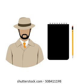 Vector illustration detective interrogation concept notepad with pencil. Detective equipment