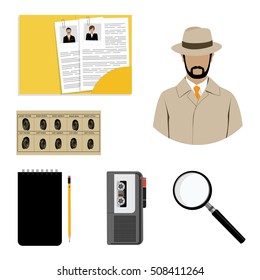 Vector illustration detective interrogation concept notepad with pencil and dictaphone. Detective equipment icon set, collection