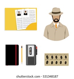 Vector illustration detective interrogation concept notepad with pencil and dictaphone. Detective equipment icon set, collection