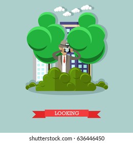 Vector illustration of detective looking out for someone and taking photos. Secret observation flat style design element.