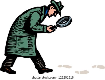 Vector illustration of detective with magnifying glass following footprints and clues