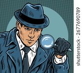 Vector illustration of detective man in coat and hat looking through magnifying glass. Noir inspired crime scene concept. Pop art, hand drawn outline