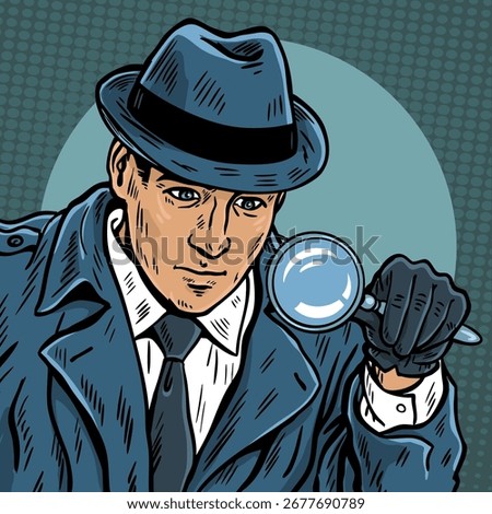 Vector illustration of detective man in coat and hat looking through magnifying glass. Noir inspired crime scene concept. Pop art, hand drawn outline