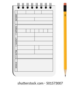 Vector illustration detective notepad and pencil. Incident, withness, suspect and vehicle