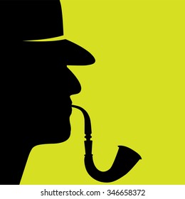 Vector Illustration Of Detective With The Pipe Profile Silhouette