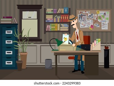 Vector illustration of a detective in a police office. Detective cartoon character looking for evidence. Investigator's room with desk, wardrobe, bookshelf, detective board with notes and map.