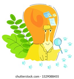 Vector illustration of a detective snail in coat and hat looking for someone s footprints.