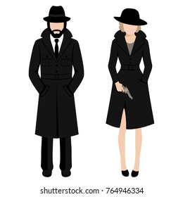 Vector Illustration Of A Detective Spy Man And Woman Character. Private Ivestigation Agent. Mafia Gangster