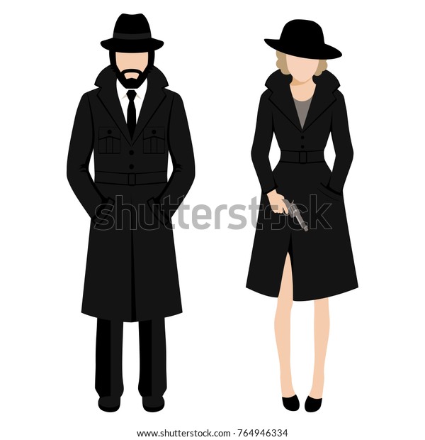 探偵スパイ男性と女性の性格のベクターイラスト 私的調査代理人 マフィアのギャング のベクター画像素材 ロイヤリティフリー