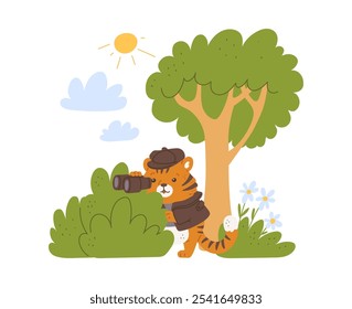 Vector Illustration of a detective - a tiger, who is watching the bushes with binoculars. Scene with a detective animal on the background of trees and clouds. Cartoon children's style in flat style.