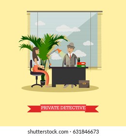 Vector illustration of detective working at office with his client young lady. Detective agency interior. Private detective flat style design element.
