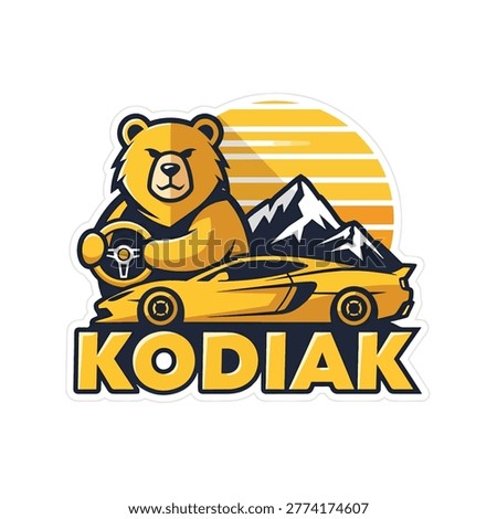 A vector illustration of a determined bear driving a yellow sports car with mountains and a sunset in the background