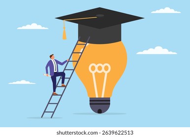 Vector illustration of a determined businessman climbing ladders towards his graduation cap, symbolizing education, growth, and professional success
