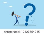 Vector illustration of a determined businessman hammering on a giant question mark representing a solution to a problem
