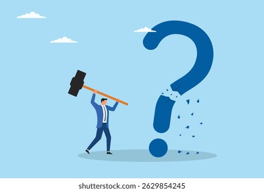 Vector illustration of a determined businessman hammering on a giant question mark representing a solution to a problem
