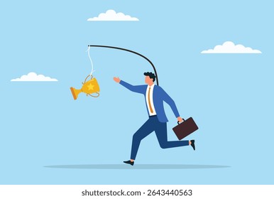 Ilustración vectorial de un hombre de negocios determinado que corre para atrapar un trofeo colgado frente a él, que representa la ambición, el impulso y la búsqueda del éxito y los logros
