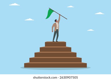 Ilustração vetorial de um determinado homem de negócios de pé nas escadas do sucesso, segurando uma bandeira verde da vitória como um símbolo do sucesso
